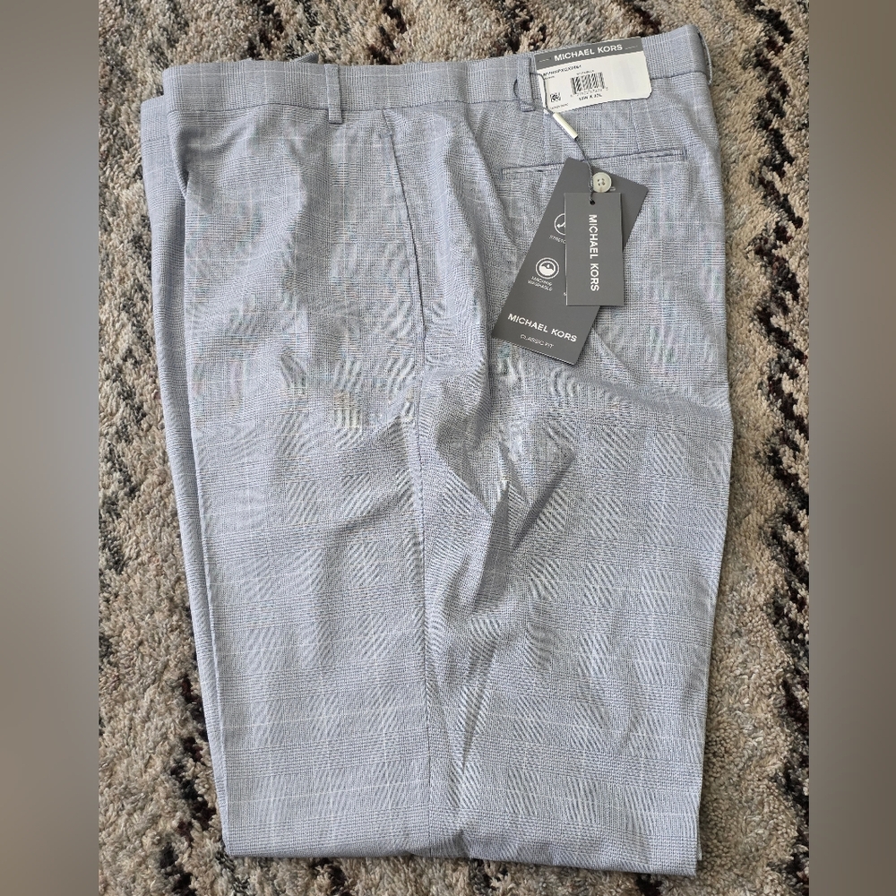 Michael Kors Men's Classic Dress Pants 42x32 White Blue Plaid NWT $95 MSRP